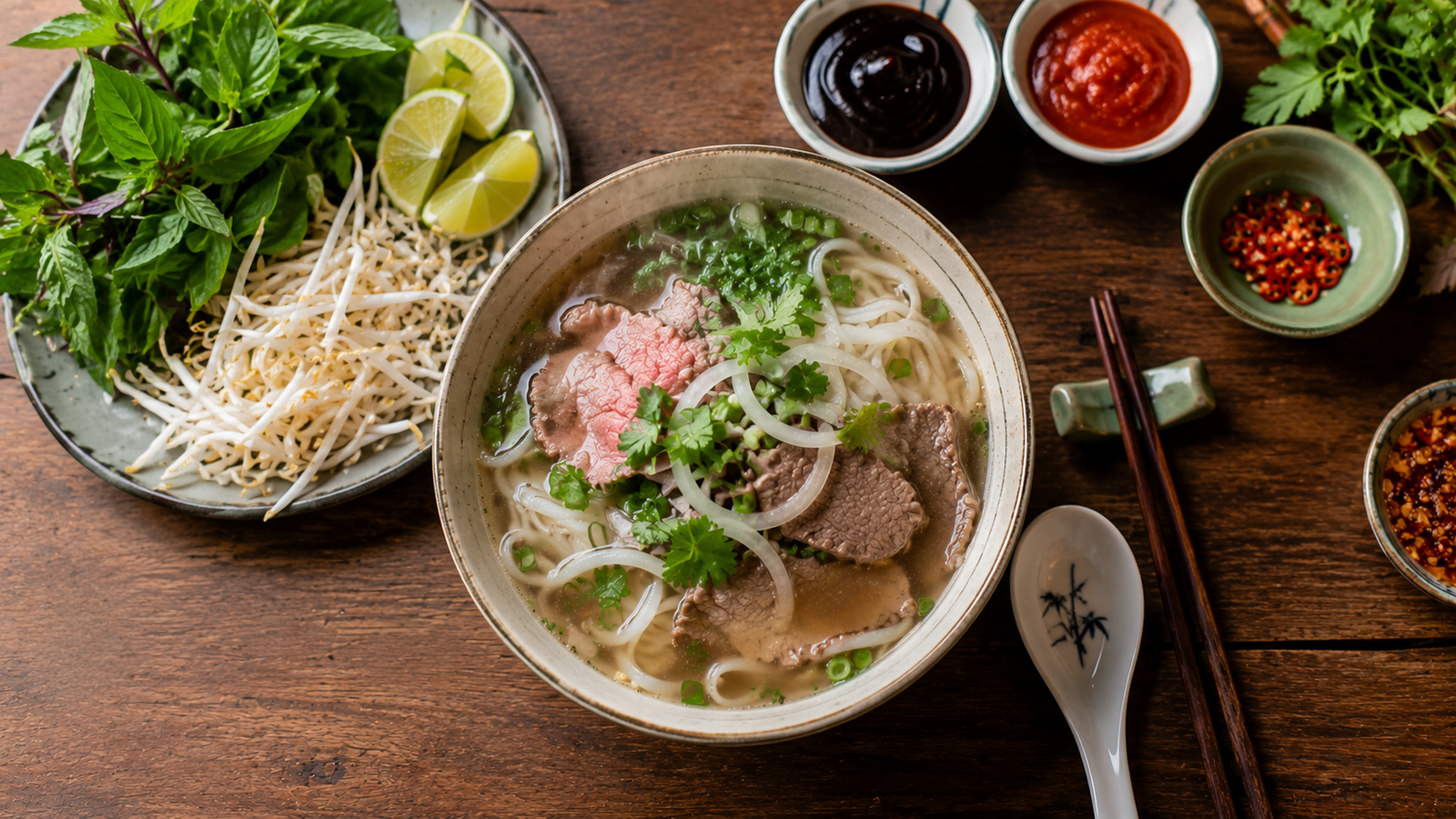 A Vietnamese restaurant table with pho, spring rolls, herbs, and condiments