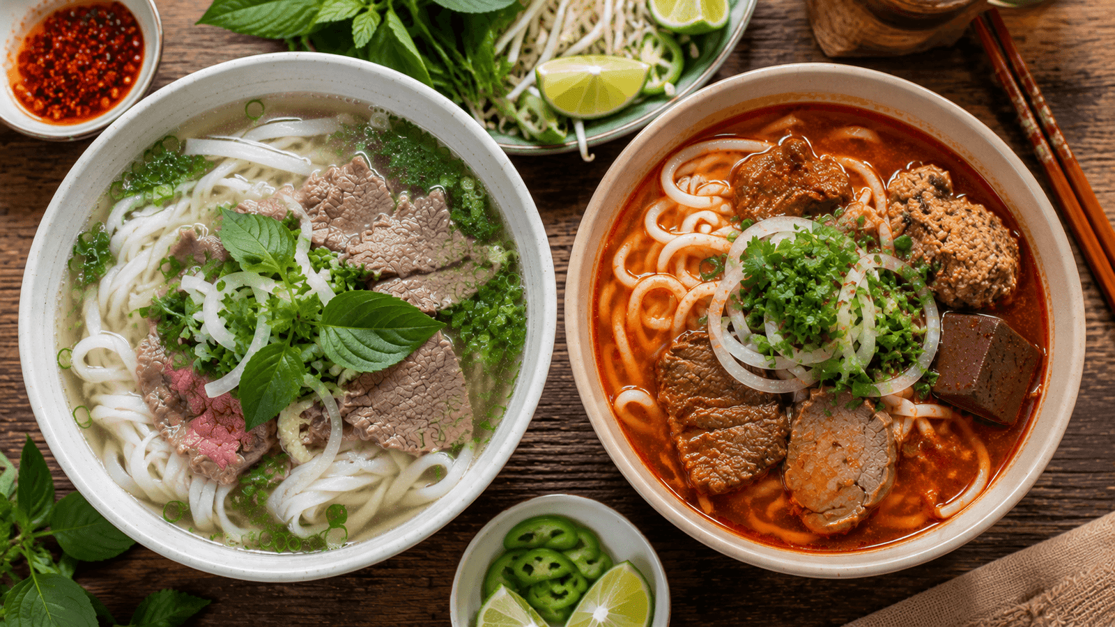 A clear bowl of pho next to a spicy red bowl of bun bo Hue