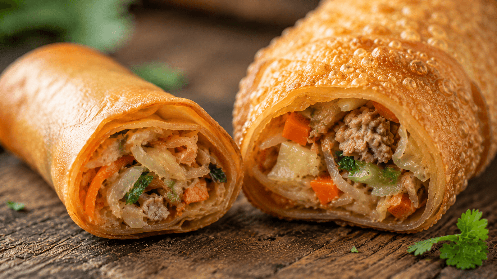 A thin crispy spring roll next to a thick bubbly egg roll
