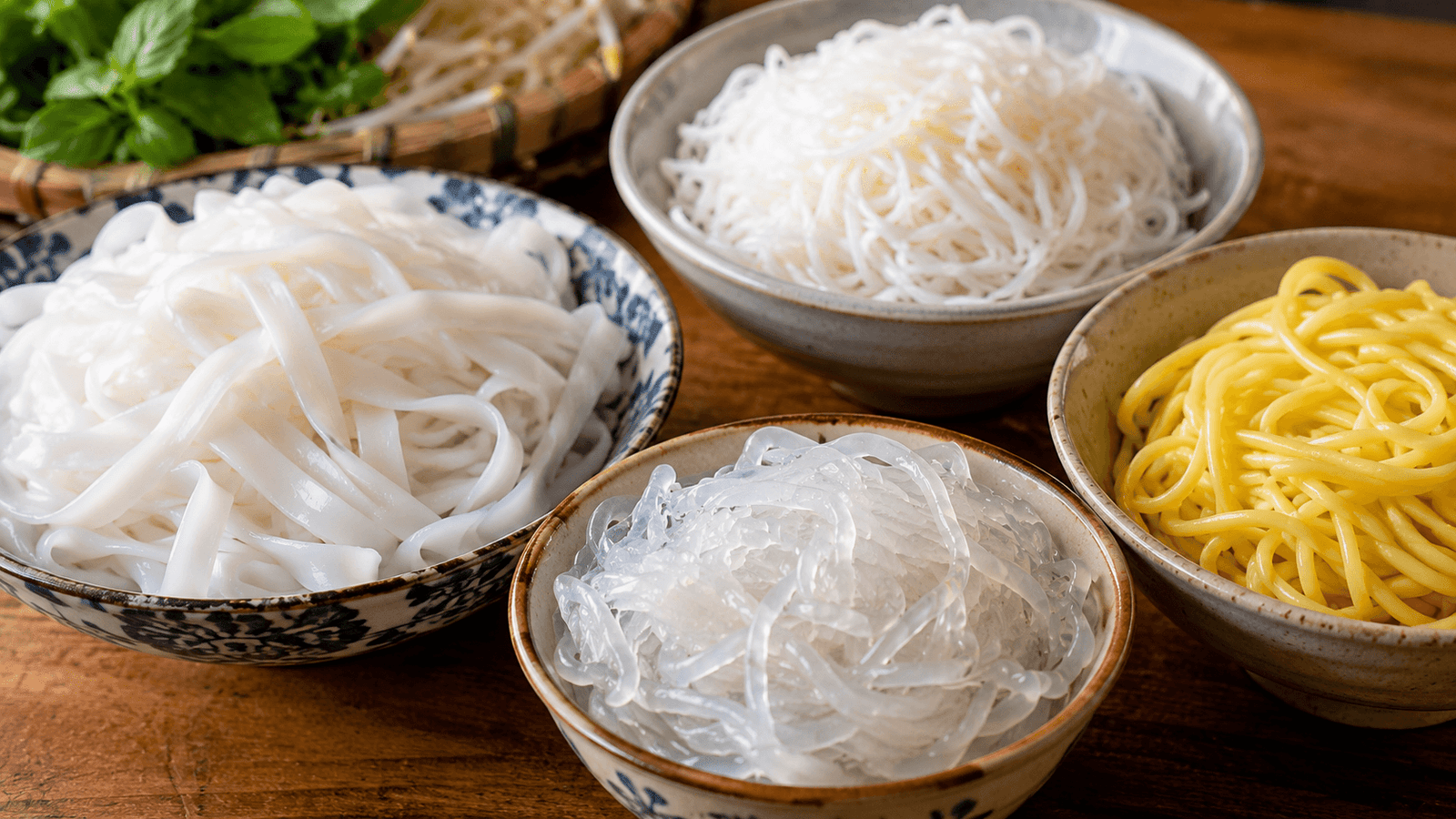 A spread of Vietnamese noodle soups including pho, bun bo Hue, and hu tieu