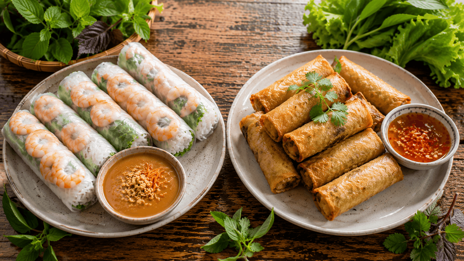 Fresh Vietnamese summer rolls next to crispy fried spring rolls on a plate