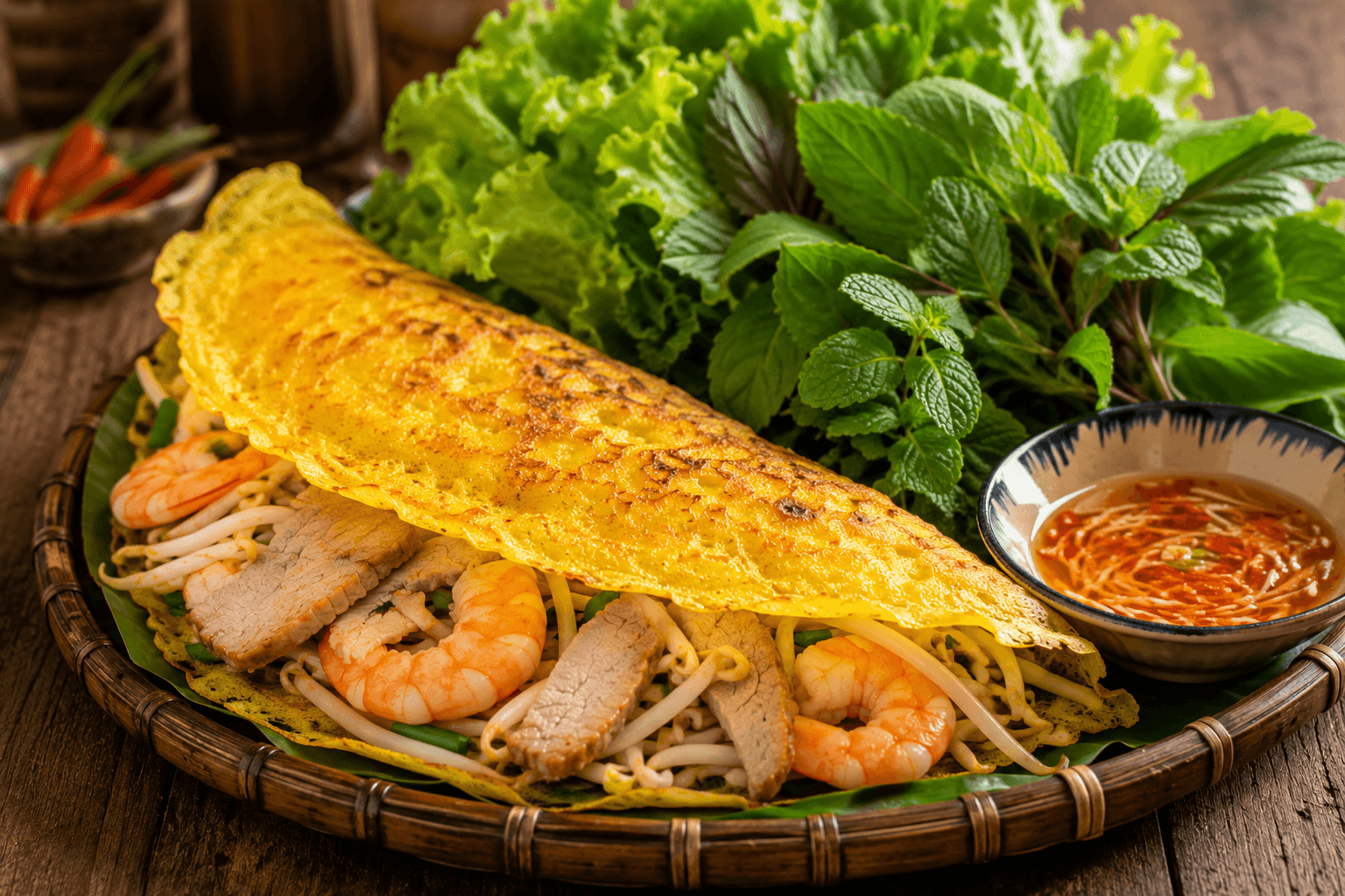 A crispy Vietnamese banh xeo crepe folded over shrimp and herbs, ready to order