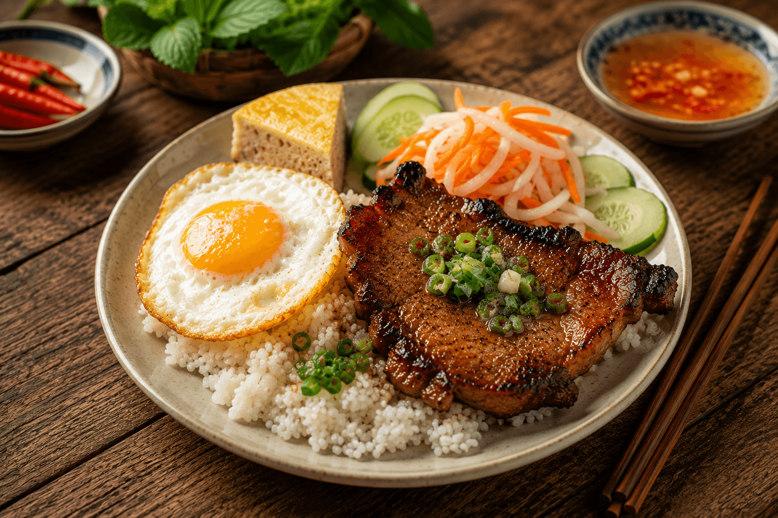 A plate of Vietnamese com tam broken rice with grilled pork chop, ready to order