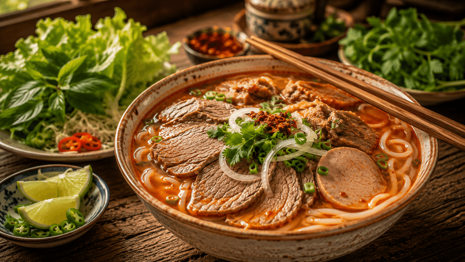 A spicy bowl of bun bo Hue with thick noodles, ready to order at a Vietnamese restaurant
