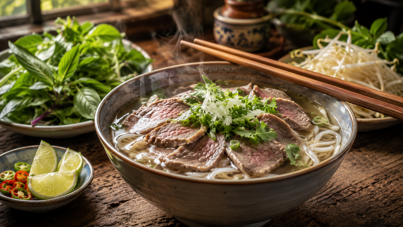 A steaming bowl of Vietnamese pho with chopsticks, ready to order